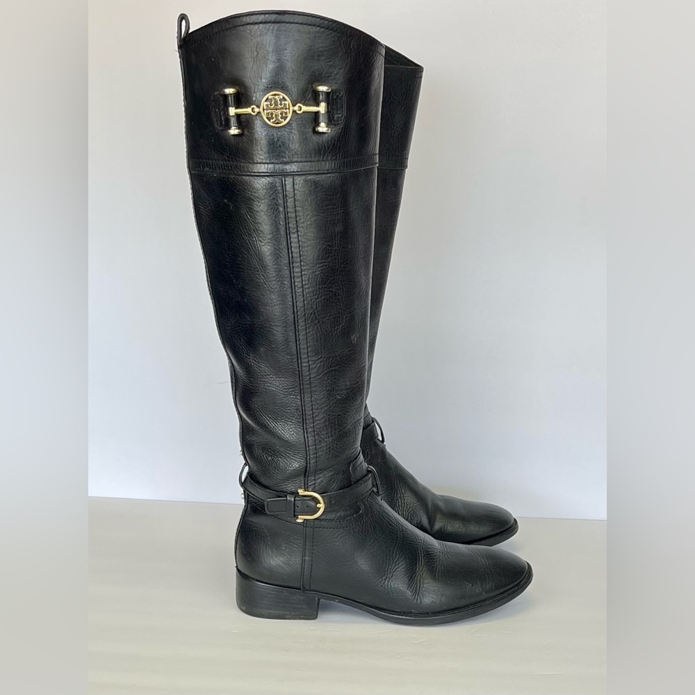 Tory Burch Black Heeled Boots with Gold Accents